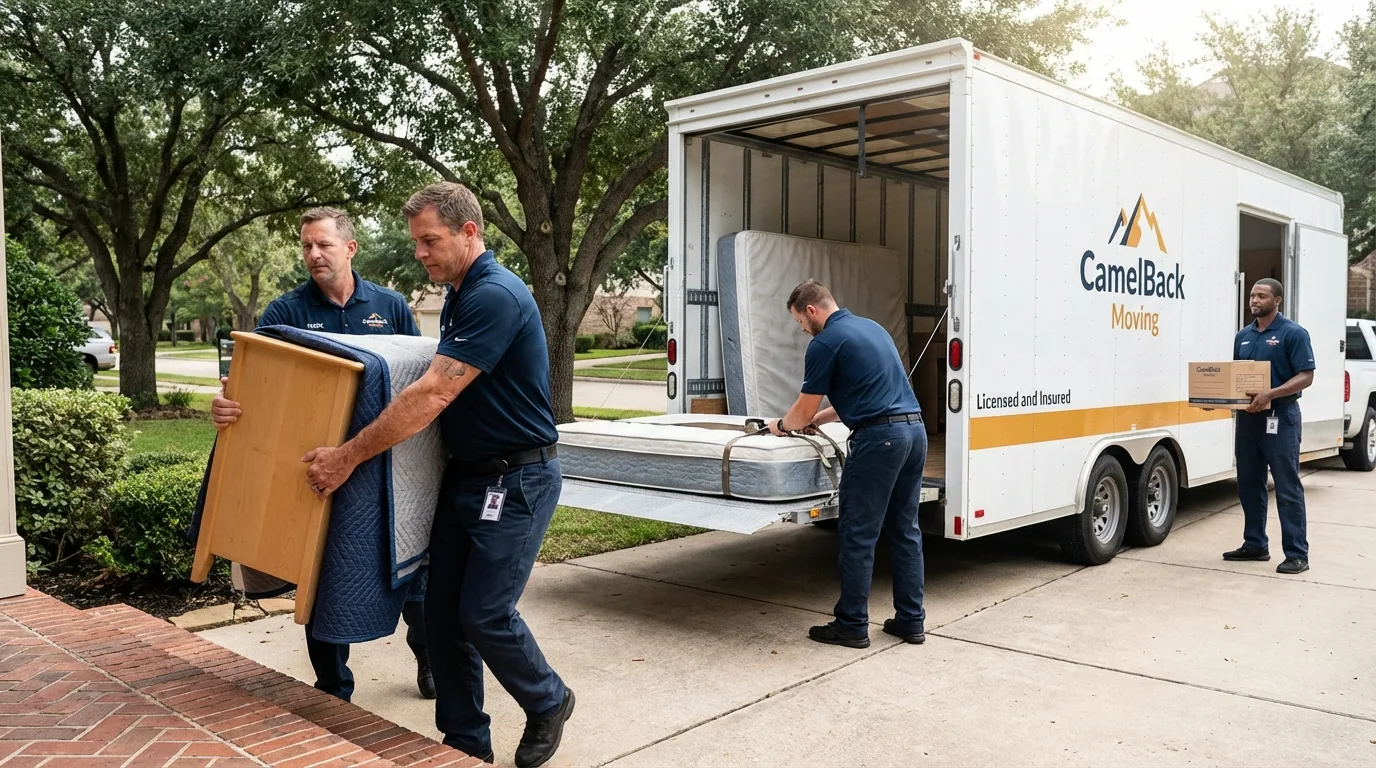 Crew loading residential truck for cross-state move from Avalon, CA
