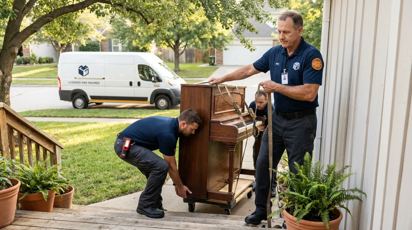 Licensed piano movers securing grand piano in Avalon, CA