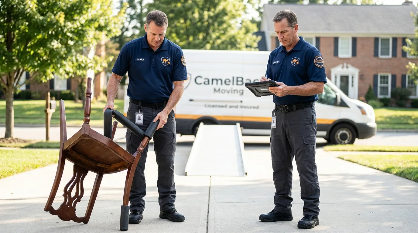 Movers inspecting furniture for damage prevention before loading in Avalon, CA