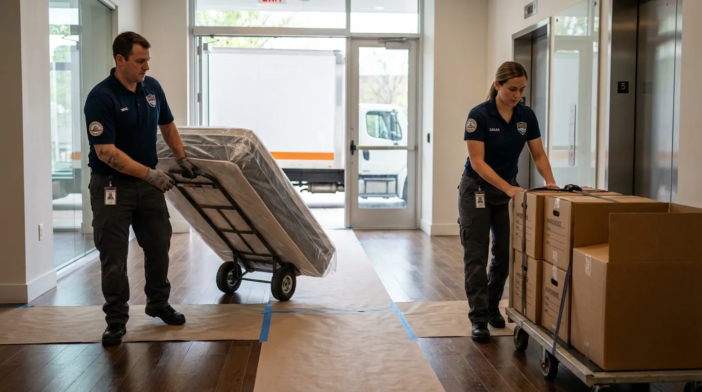Professional apartment movers loading elevator in Avalon, CA