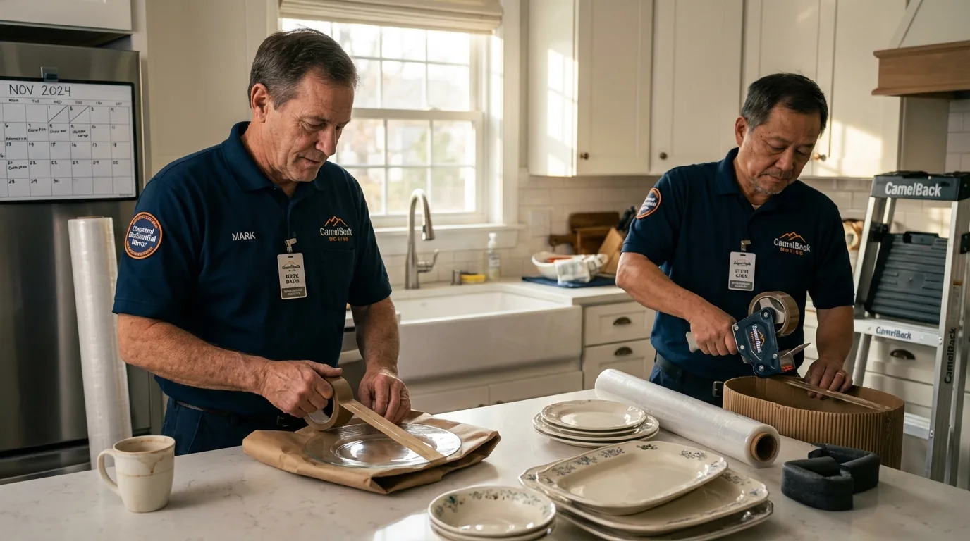 Professional crew packing kitchen dishware in Avalon, CA